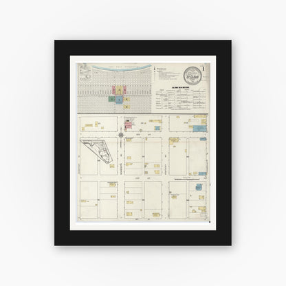 Old map wall art mockup — black gallery frame with white mat — Sanborn Fire Insurance Map from Saint Cloud, Osceola County, Florida (1915), Sheet #0001