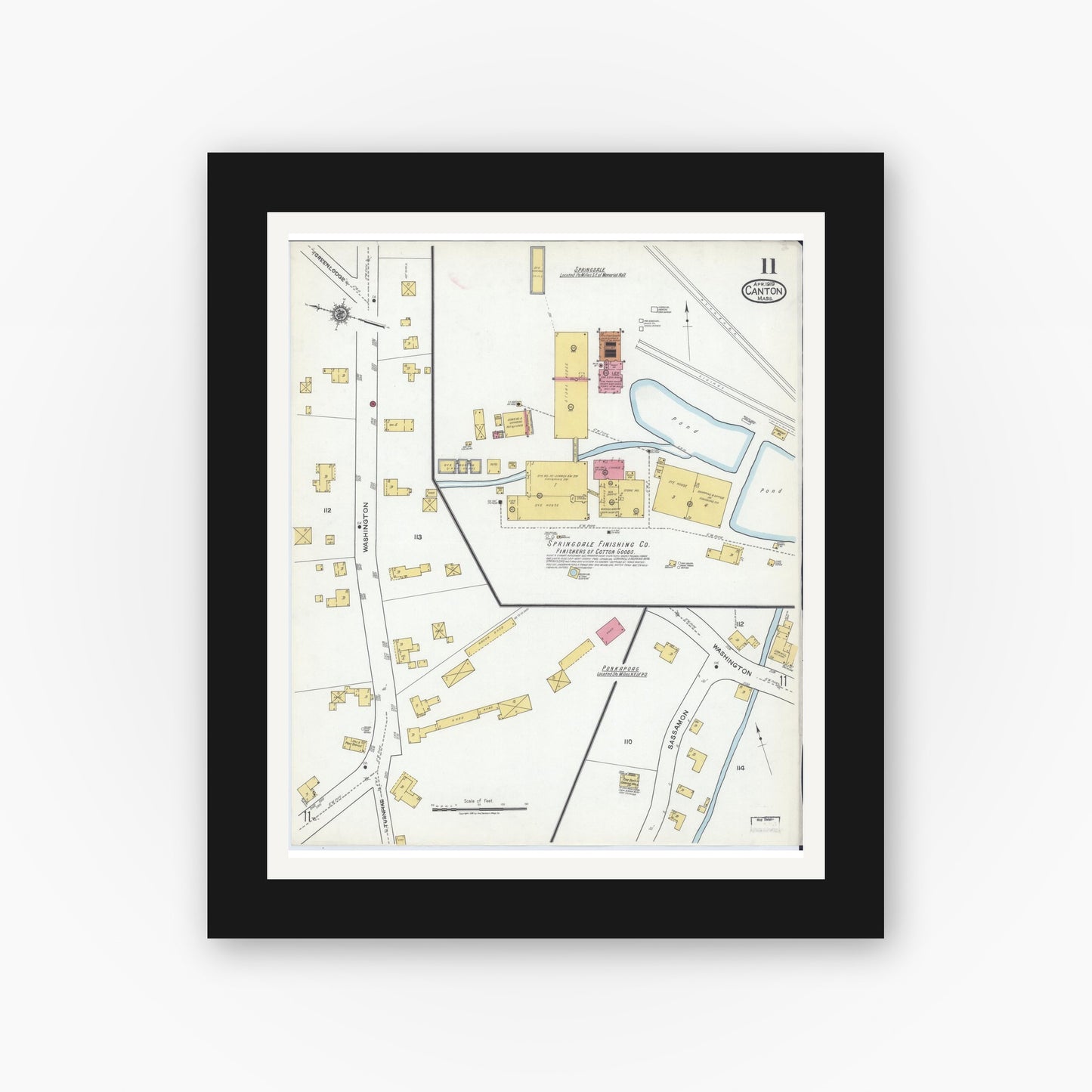 Old map wall art mockup — black gallery frame with white mat — Sanborn Fire Insurance Map from Canton, Norfolk County, Massachusetts (1919), Sheet #0011