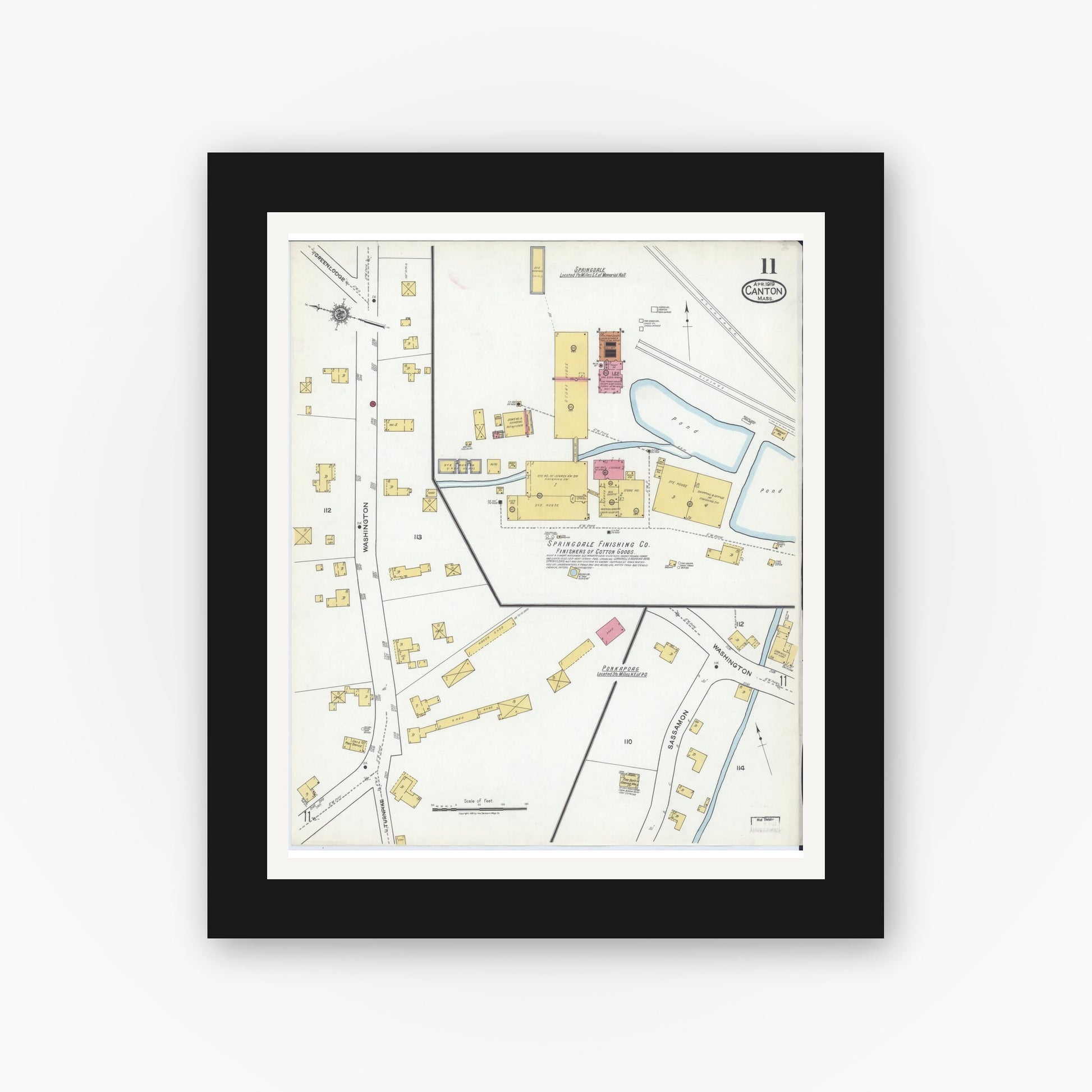 Old map wall art mockup — black gallery frame with white mat — Sanborn Fire Insurance Map from Canton, Norfolk County, Massachusetts (1919), Sheet #0011