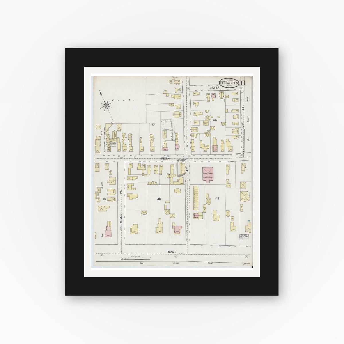 Old map wall art mockup — black gallery frame with white mat — Sanborn Fire Insurance Map from Pittsfield, Berkshire County, Massachusetts (1889), Sheet #0011