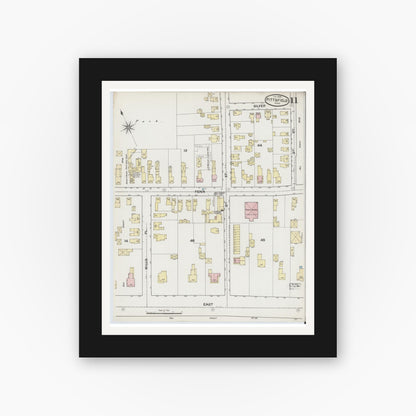 Old map wall art mockup — black gallery frame with white mat — Sanborn Fire Insurance Map from Pittsfield, Berkshire County, Massachusetts (1889), Sheet #0011