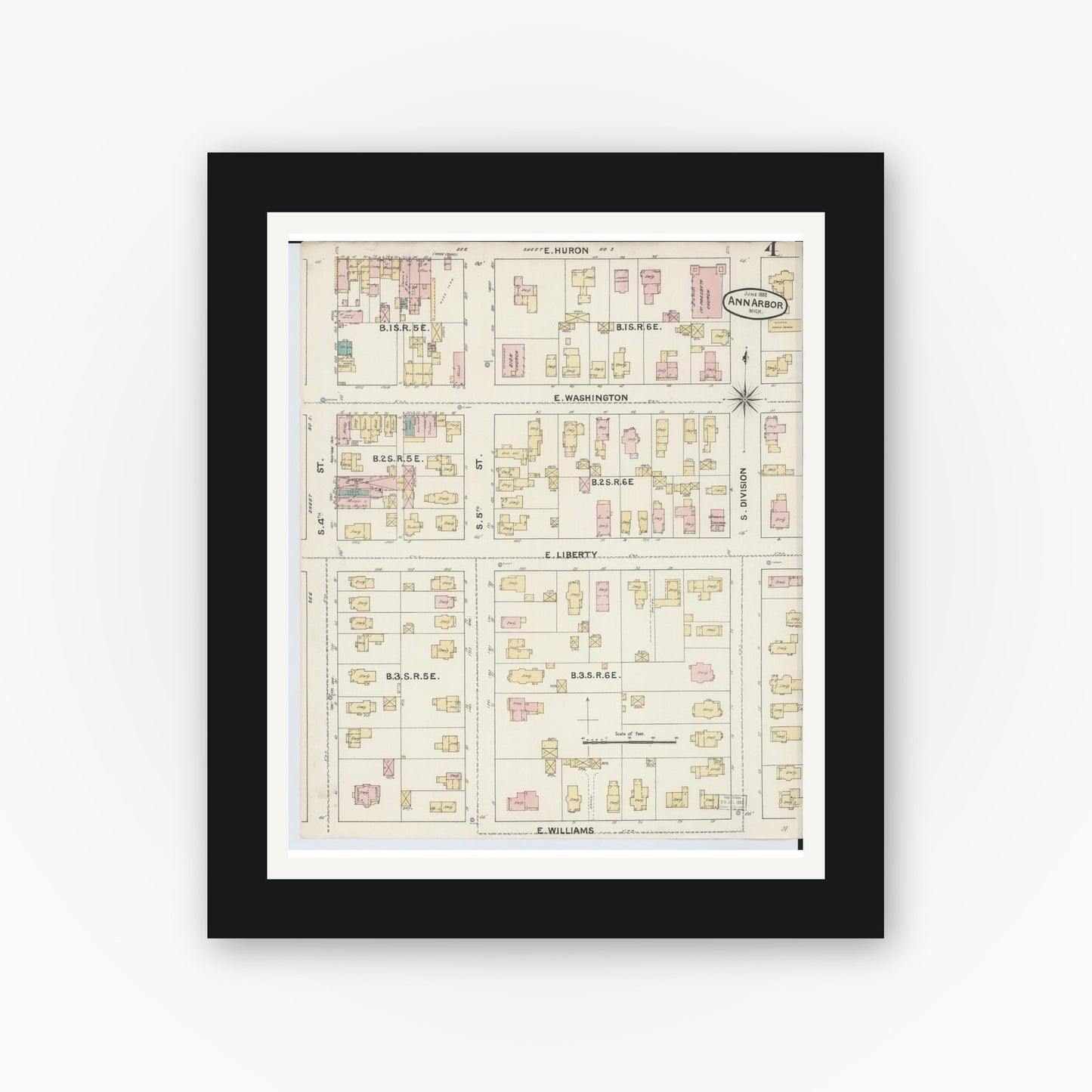 Old map wall art mockup — black gallery frame with white mat — Sanborn Fire Insurance Map from Ann Arbor, Washtenaw County, Michigan (1888), Sheet #0004