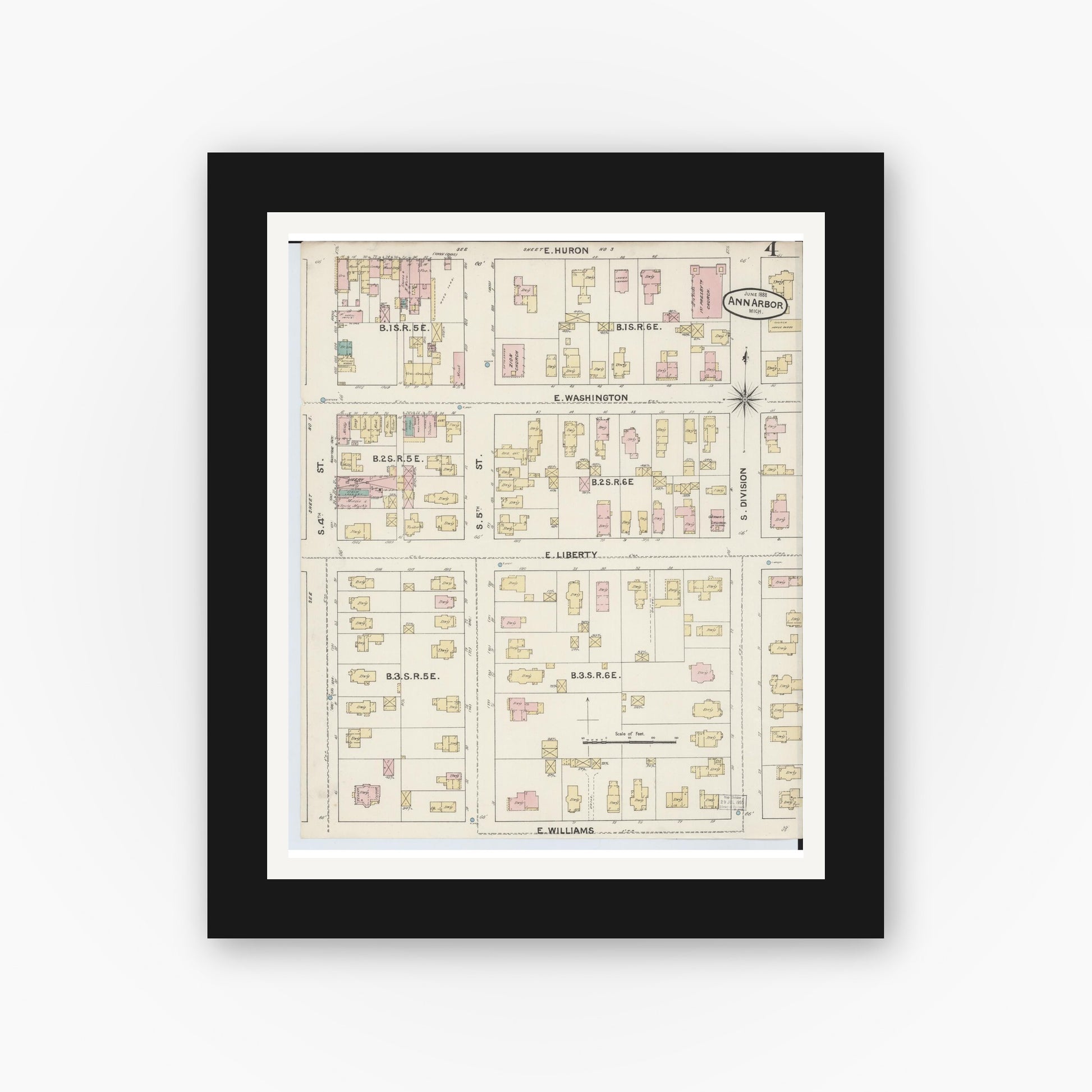 Old map wall art mockup — black gallery frame with white mat — Sanborn Fire Insurance Map from Ann Arbor, Washtenaw County, Michigan (1888), Sheet #0004