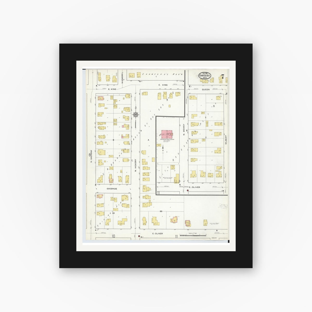 Old map wall art mockup — black gallery frame with white mat — Sanborn Fire Insurance Map from Owosso, Shiawassee County, Michigan (1915), Sheet #0007