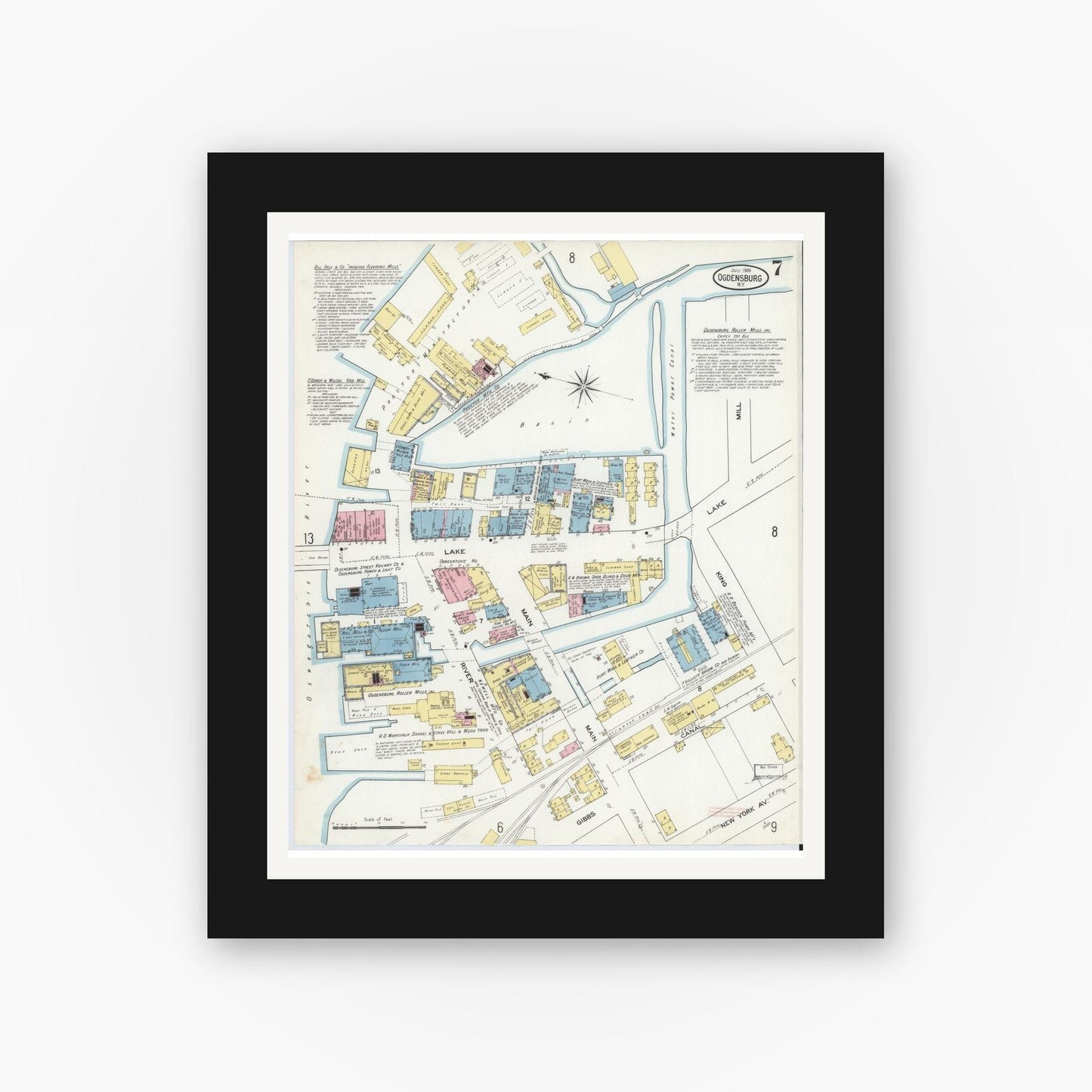 Old map wall art mockup — black gallery frame with white mat — Sanborn Fire Insurance Map from Ogdensburg, St. Lawrence County, New York (1909), Sheet #0007