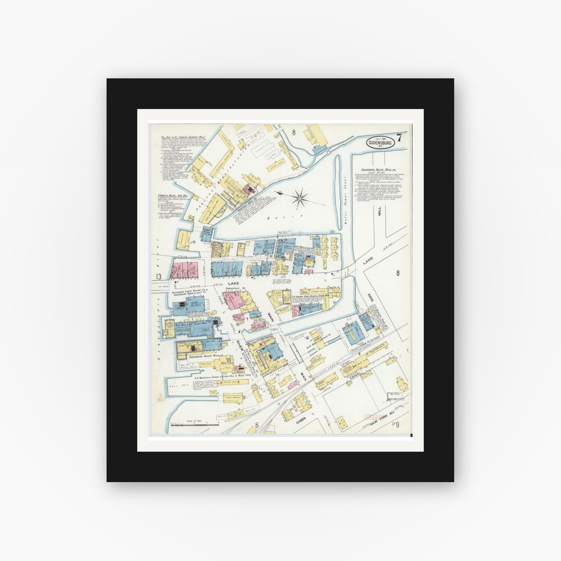 Old map wall art mockup — black gallery frame with white mat — Sanborn Fire Insurance Map from Ogdensburg, St. Lawrence County, New York (1909), Sheet #0007