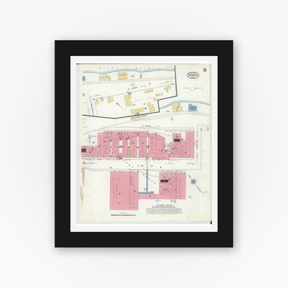 Old map wall art mockup — black gallery frame with white mat — Sanborn Fire Insurance Map from Monroe, Monroe County, Michigan (1916), Sheet #0009