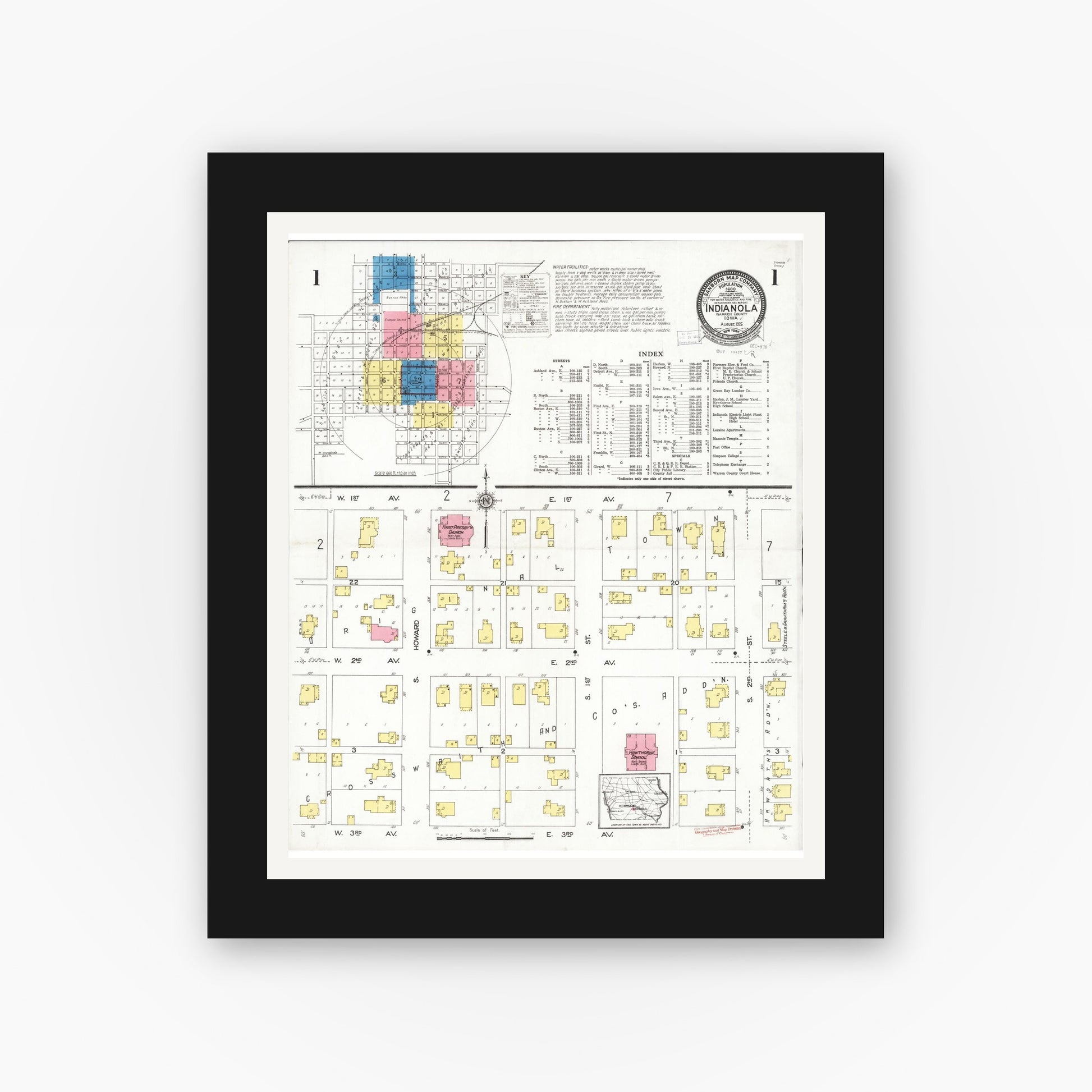 Old map wall art mockup — black gallery frame with white mat — Sanborn Fire Insurance Map from Indianola, Warren County, Iowa (1918), Sheet #0001
