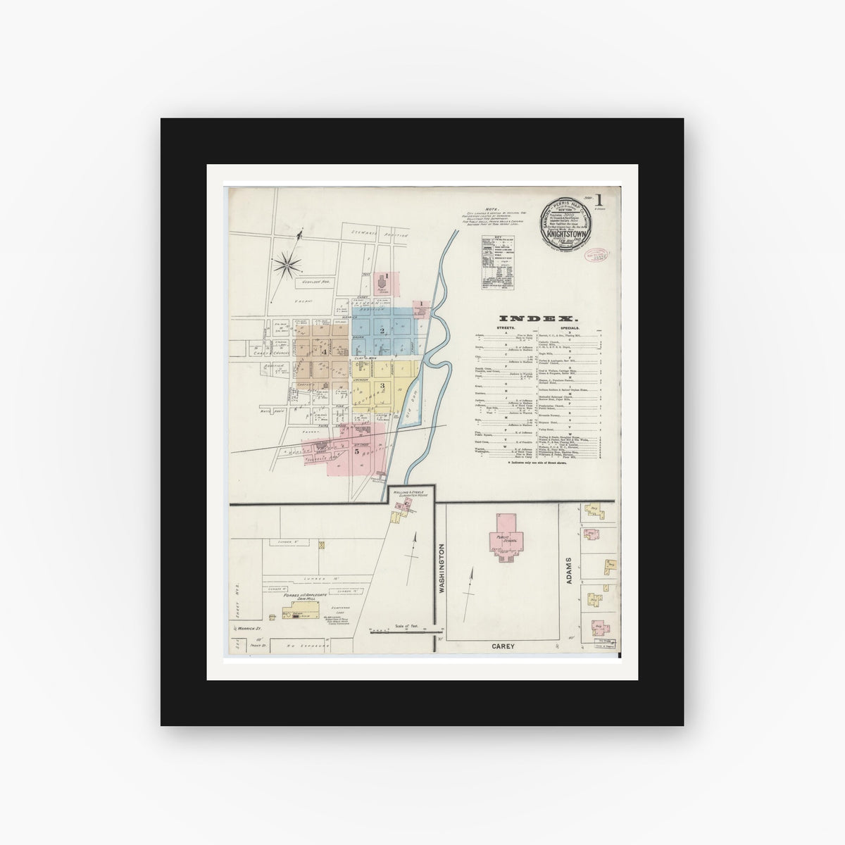 Old map wall art mockup — black gallery frame with white mat — Sanborn Fire Insurance Map from Knightstown, Henry County, Indiana (1890), Sheet #0001