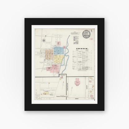 Old map wall art mockup — black gallery frame with white mat — Sanborn Fire Insurance Map from Knightstown, Henry County, Indiana (1890), Sheet #0001