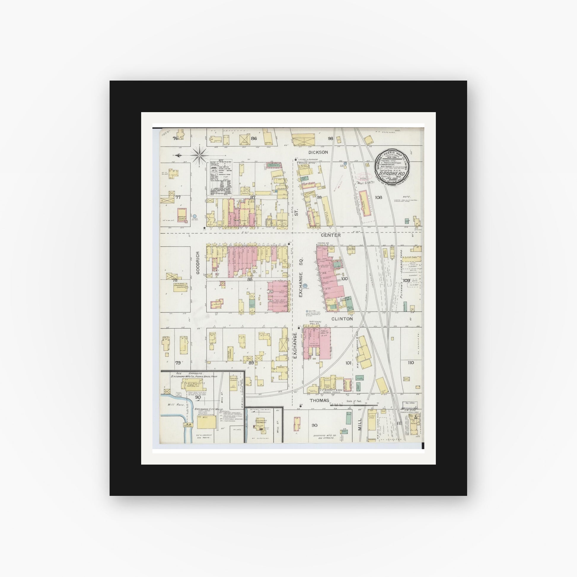 Old map wall art mockup — black gallery frame with white mat — Sanborn Fire Insurance Map from Brodhead, Green County, Wisconsin (1893), Sheet #0001