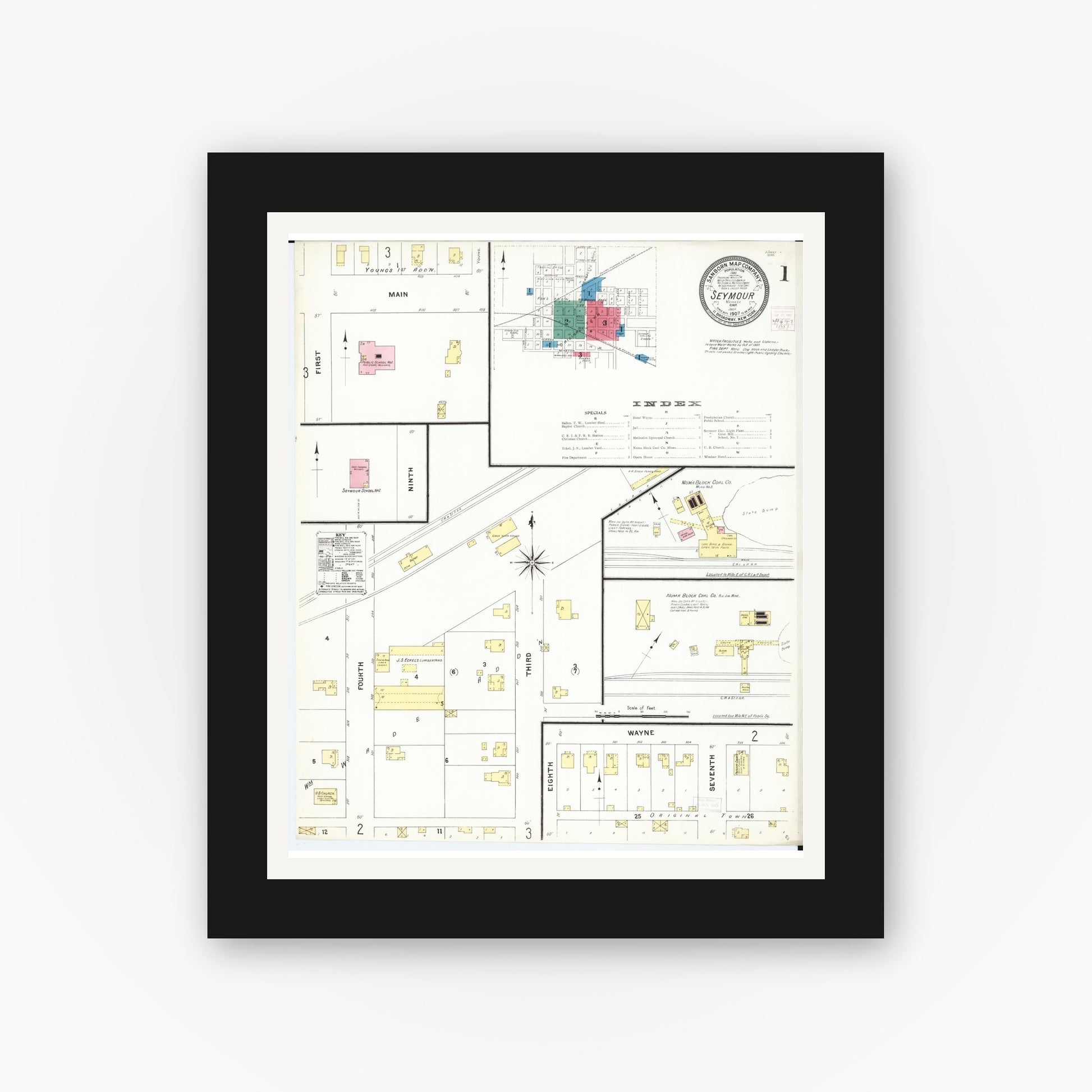 Old map wall art mockup — black gallery frame with white mat — Sanborn Fire Insurance Map from Seymour, Wayne County, Iowa (1907), Sheet #0001