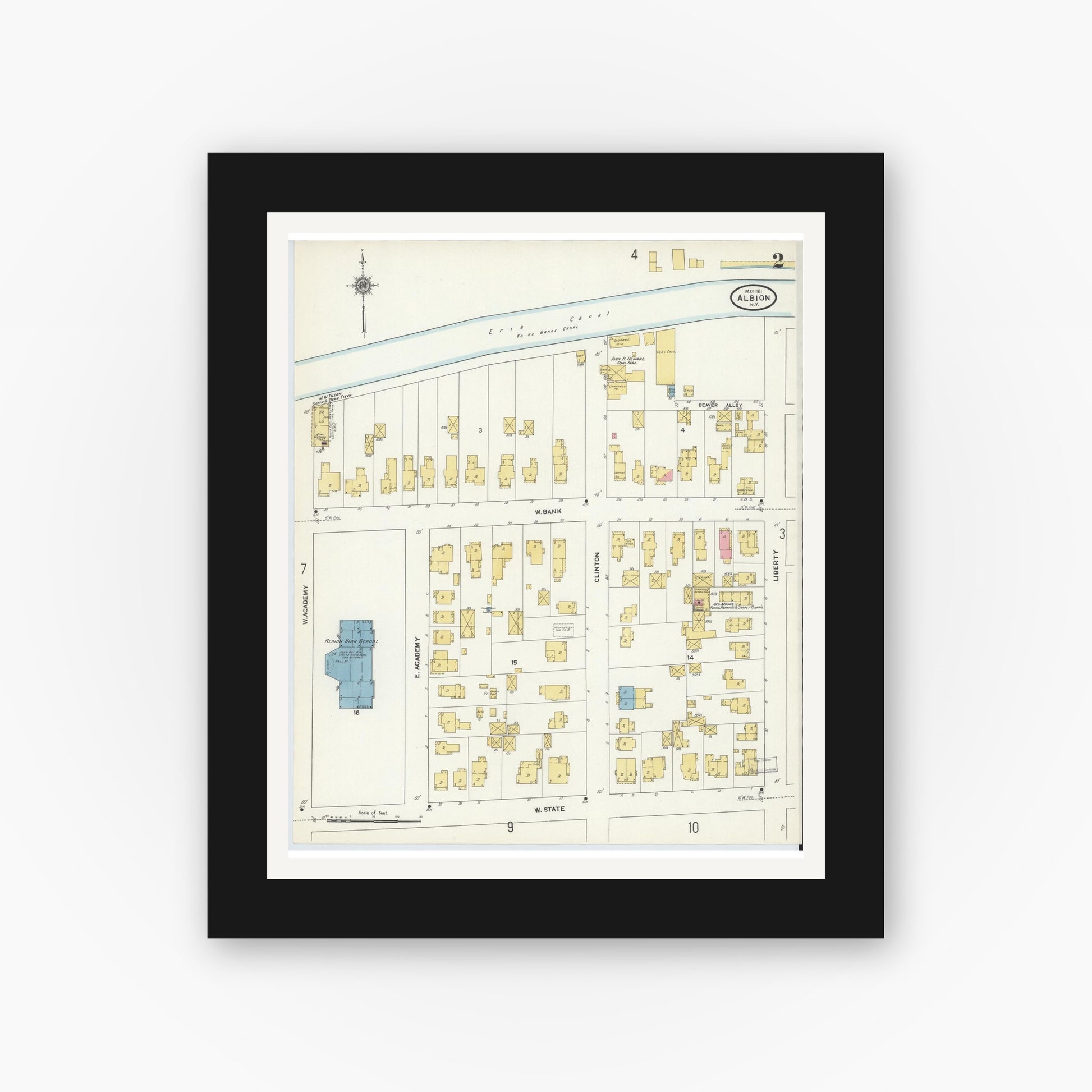 Old map wall art mockup — black gallery frame with white mat — Sanborn Fire Insurance Map from Albion, Orleans County, New York (1911) - Complete Map Set