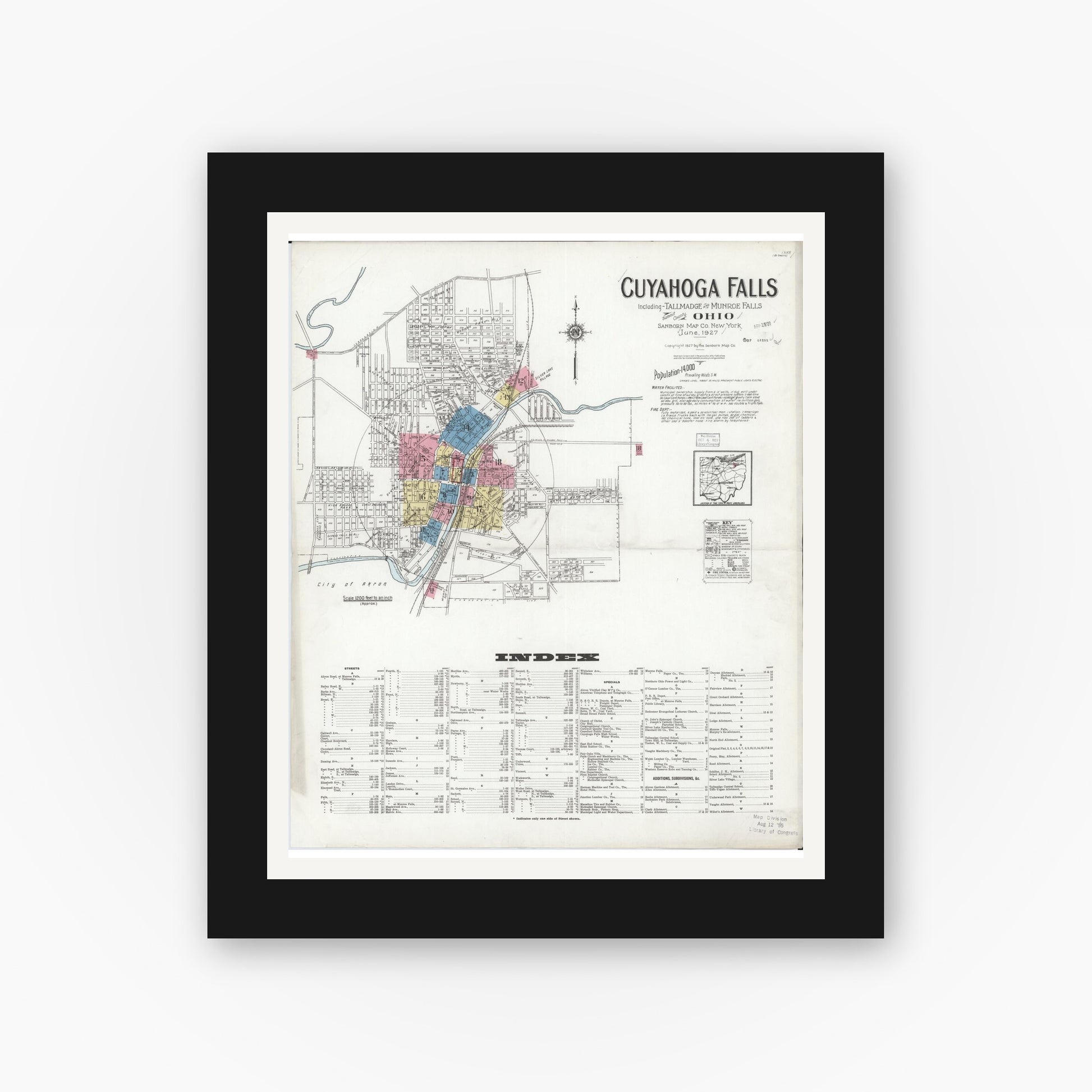 Old map wall art mockup — black gallery frame with white mat — Sanborn Fire Insurance Map from Cuyahoga Falls, Summit County, Ohio (1927), Sheet #0001