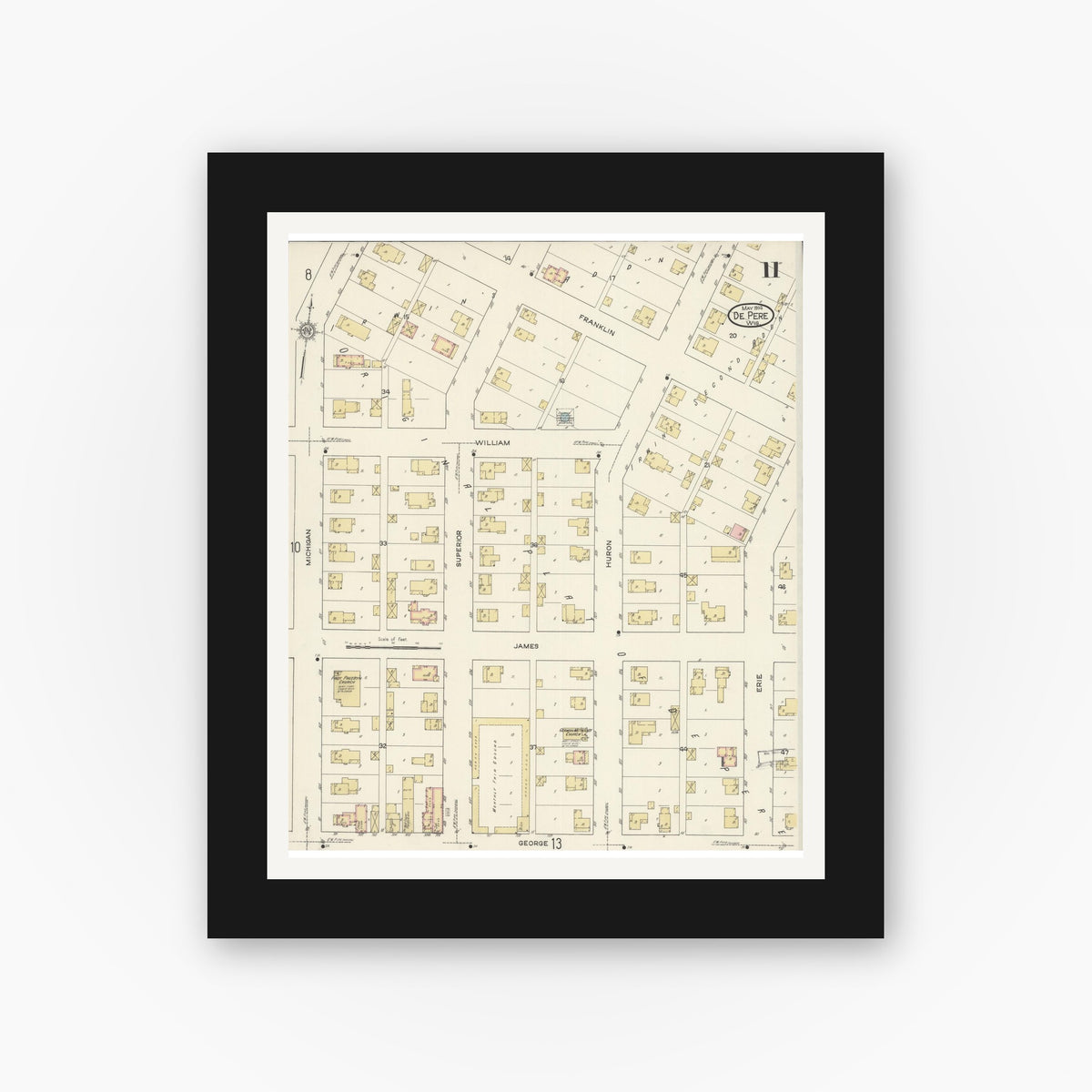 Old map wall art mockup — black gallery frame with white mat — Sanborn Fire Insurance Map from De Pere, Brown County, Wisconsin (1914), Sheet #0011