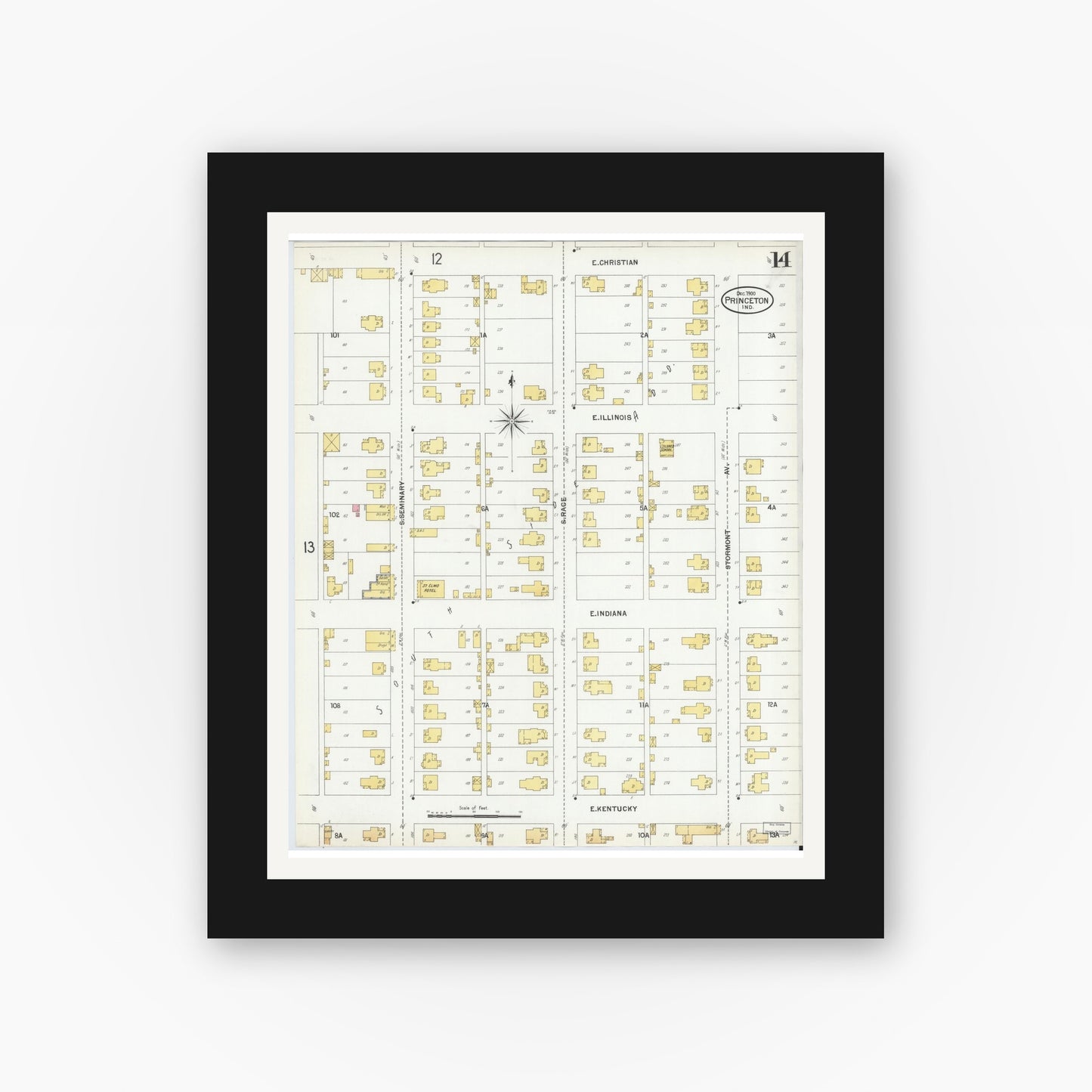Old map wall art mockup — black gallery frame with white mat — Sanborn Fire Insurance Map from Princeton, Gibson County, Indiana (1900), Sheet #0014