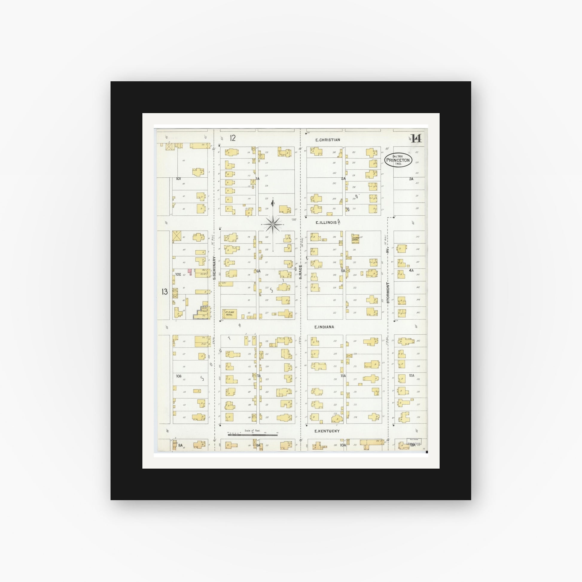 Old map wall art mockup — black gallery frame with white mat — Sanborn Fire Insurance Map from Princeton, Gibson County, Indiana (1900), Sheet #0014