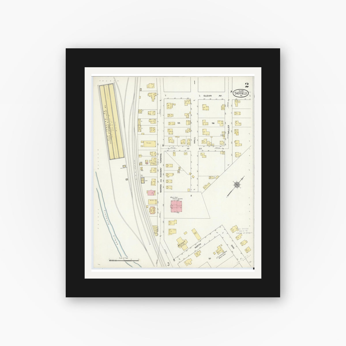 Old map wall art mockup — black gallery frame with white mat — Sanborn Fire Insurance Map from Sheffield, Warren County, Pennsylvania (1910), Sheet #0002