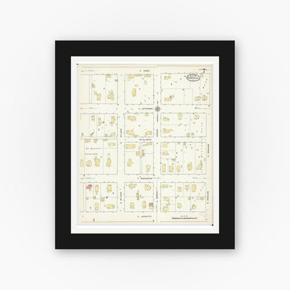 Old map wall art mockup — black gallery frame with white mat — Sanborn Fire Insurance Map from Rushville, Schuyler County, Illinois (1913), Sheet #0007