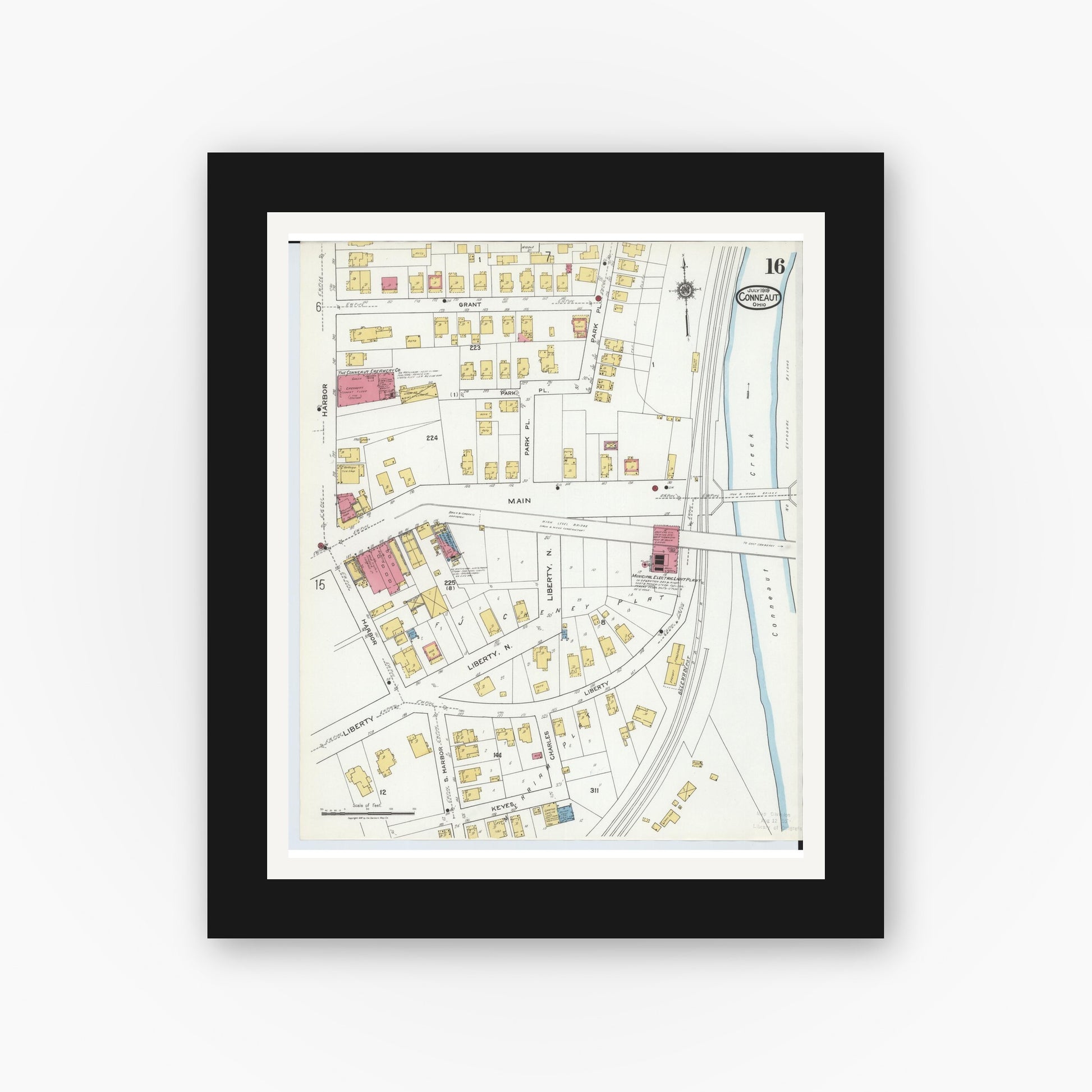 Old map wall art mockup — black gallery frame with white mat — Sanborn Fire Insurance Map from Conneaut, Ashtabula County, Ohio (1919), Sheet #0016