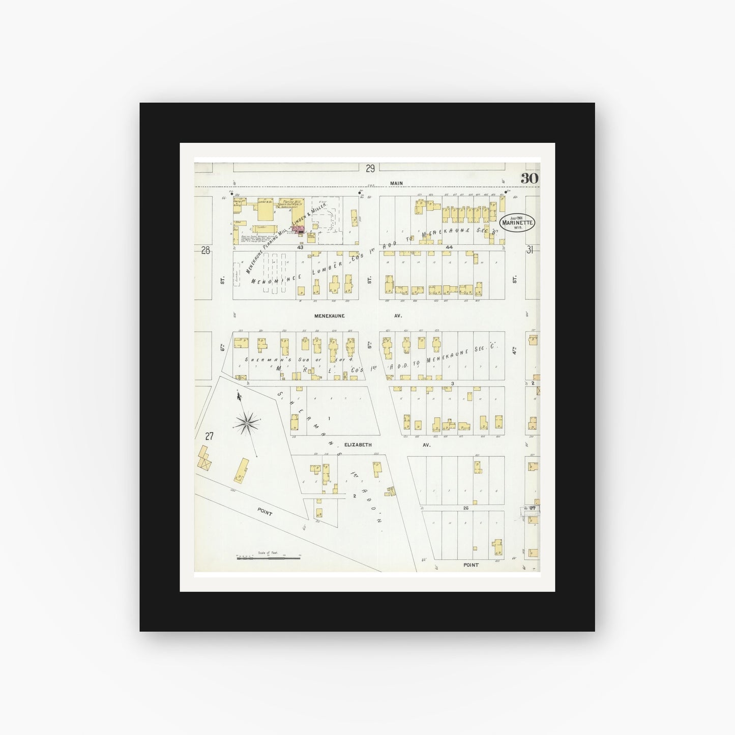 Old map wall art mockup — black gallery frame with white mat — Sanborn Fire Insurance Map from Marinette, Marinette County, Wisconsin (1901), Sheet #0030