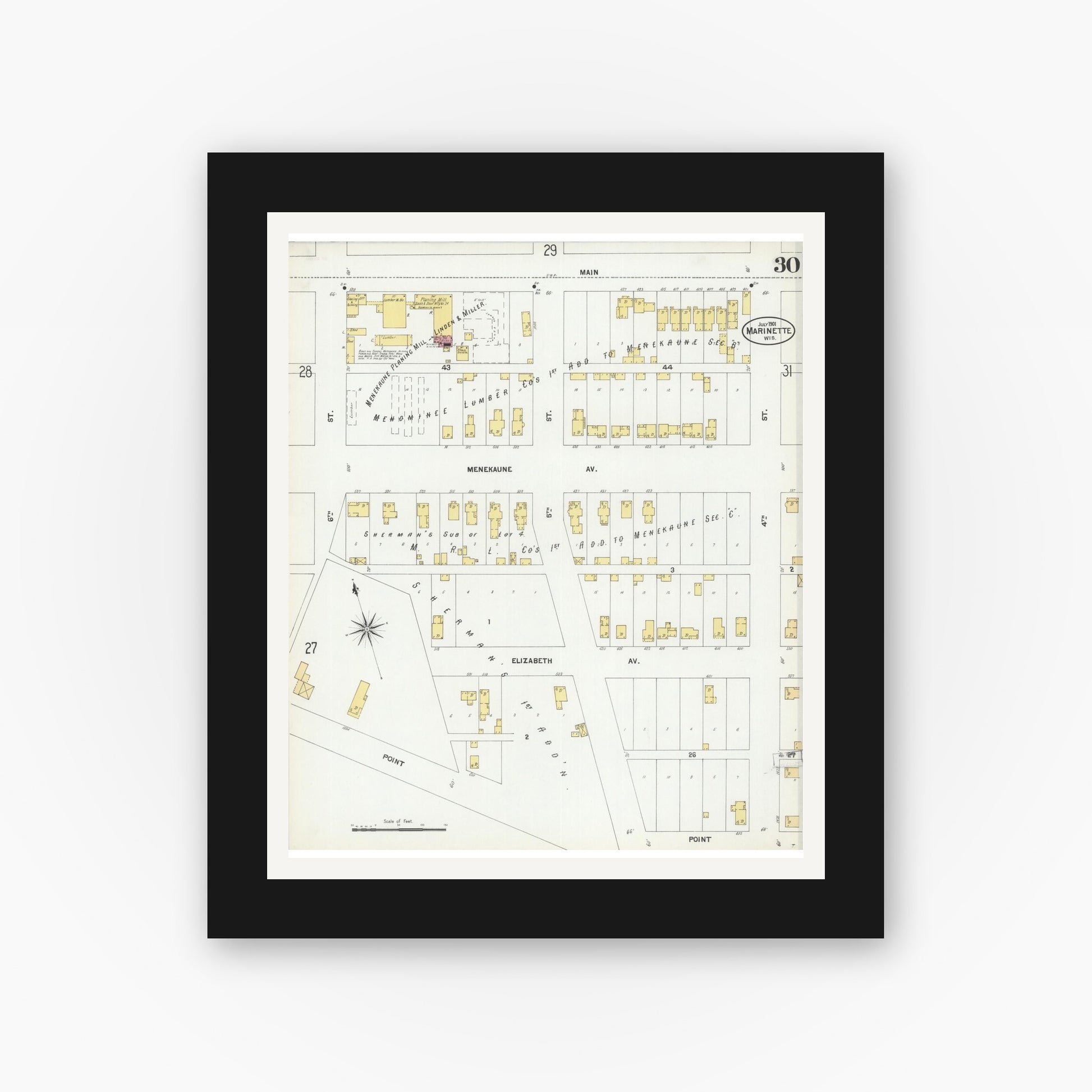 Old map wall art mockup — black gallery frame with white mat — Sanborn Fire Insurance Map from Marinette, Marinette County, Wisconsin (1901), Sheet #0030