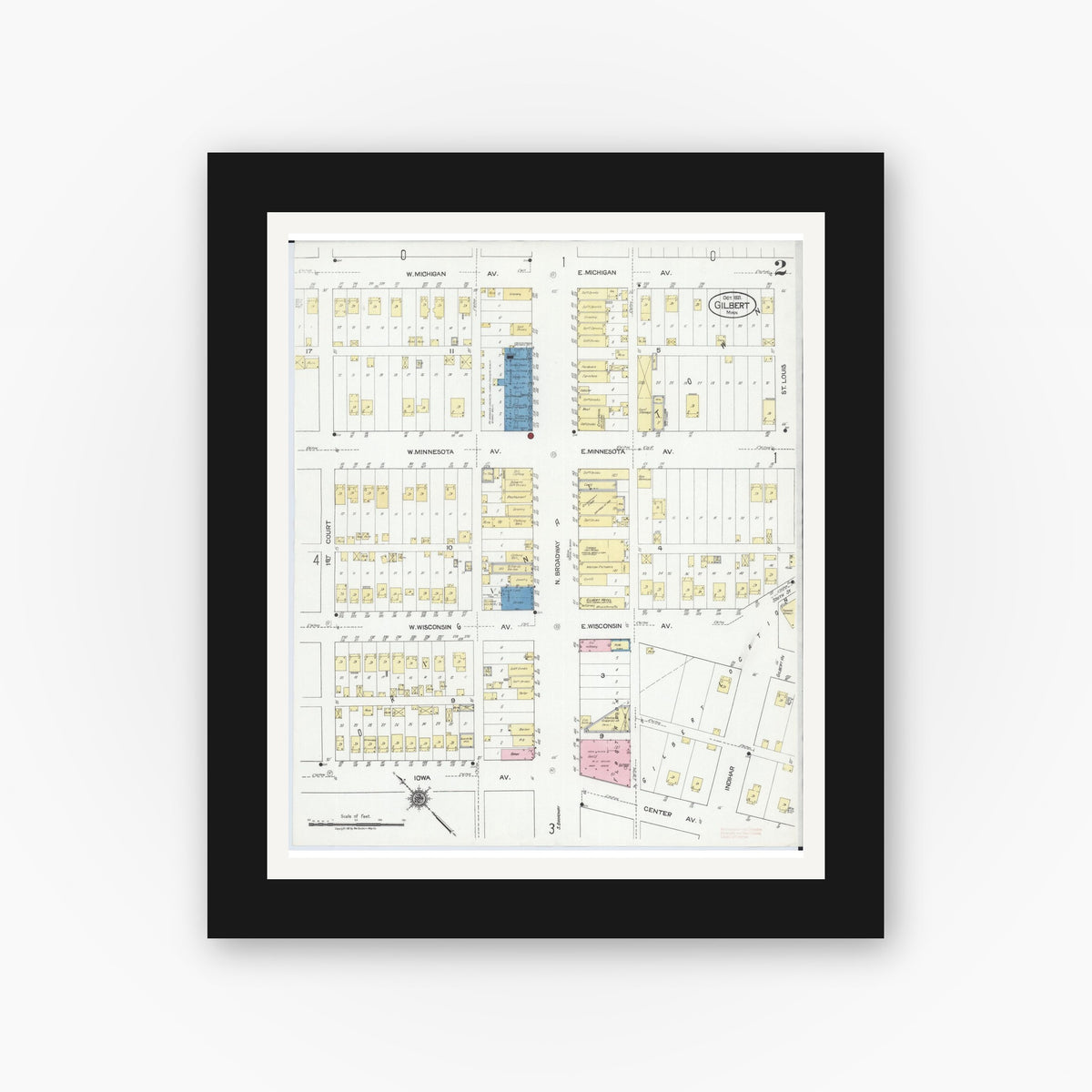 Old map wall art mockup — black gallery frame with white mat — Sanborn Fire Insurance Map from Gilbert, Saint Louis County, Minnesota (1921), Sheet #0002