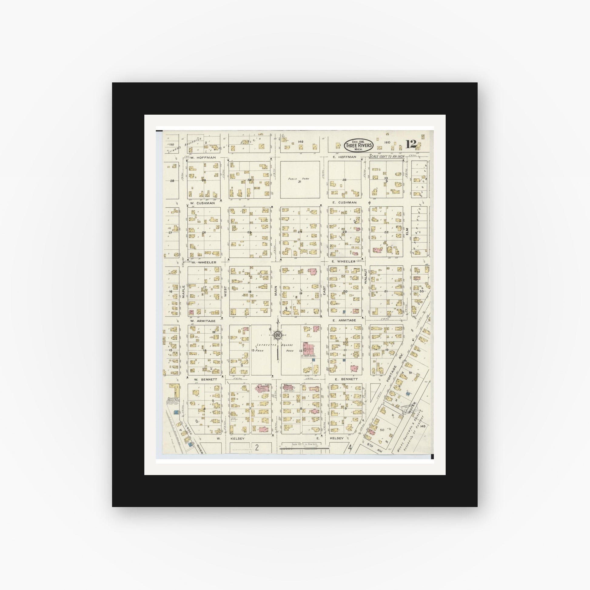 Old map wall art mockup — black gallery frame with white mat — Sanborn Fire Insurance Map from Three Rivers, Saint Joseph County, Michigan (1916), Sheet #0012