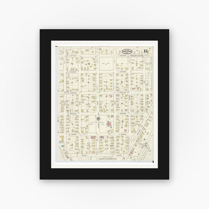 Old map wall art mockup — black gallery frame with white mat — Sanborn Fire Insurance Map from Three Rivers, Saint Joseph County, Michigan (1916), Sheet #0012