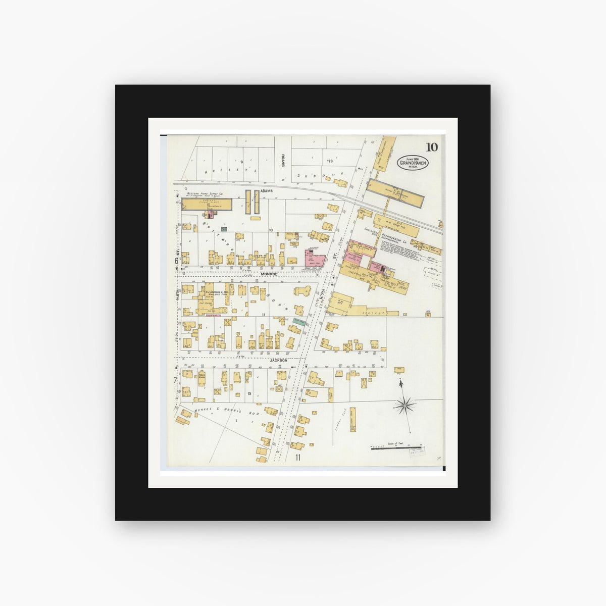 Old map wall art mockup — black gallery frame with white mat — Sanborn Fire Insurance Map from Grand Haven, Ottawa County, Michigan (1906), Sheet #0010