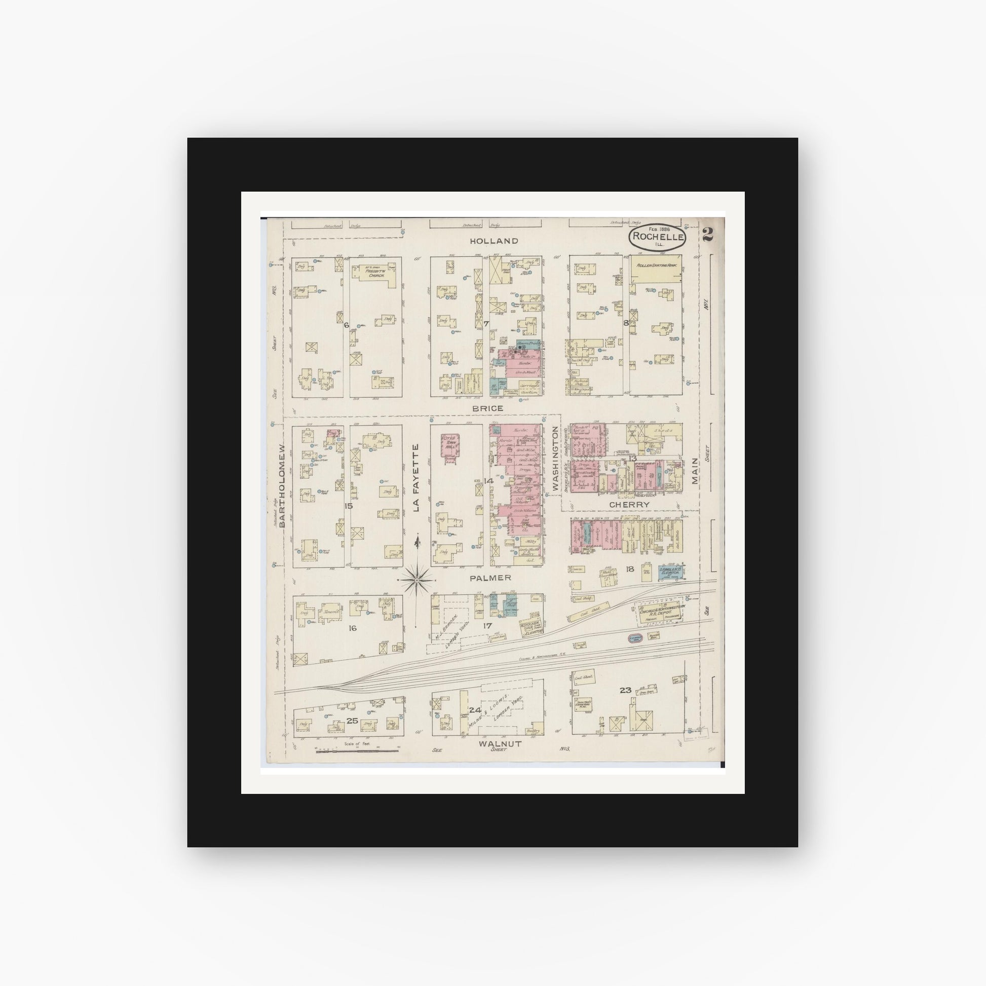Old map wall art mockup — black gallery frame with white mat — Sanborn Fire Insurance Map from Rochelle, Ogle County, Illinois (1886), Sheet #0002