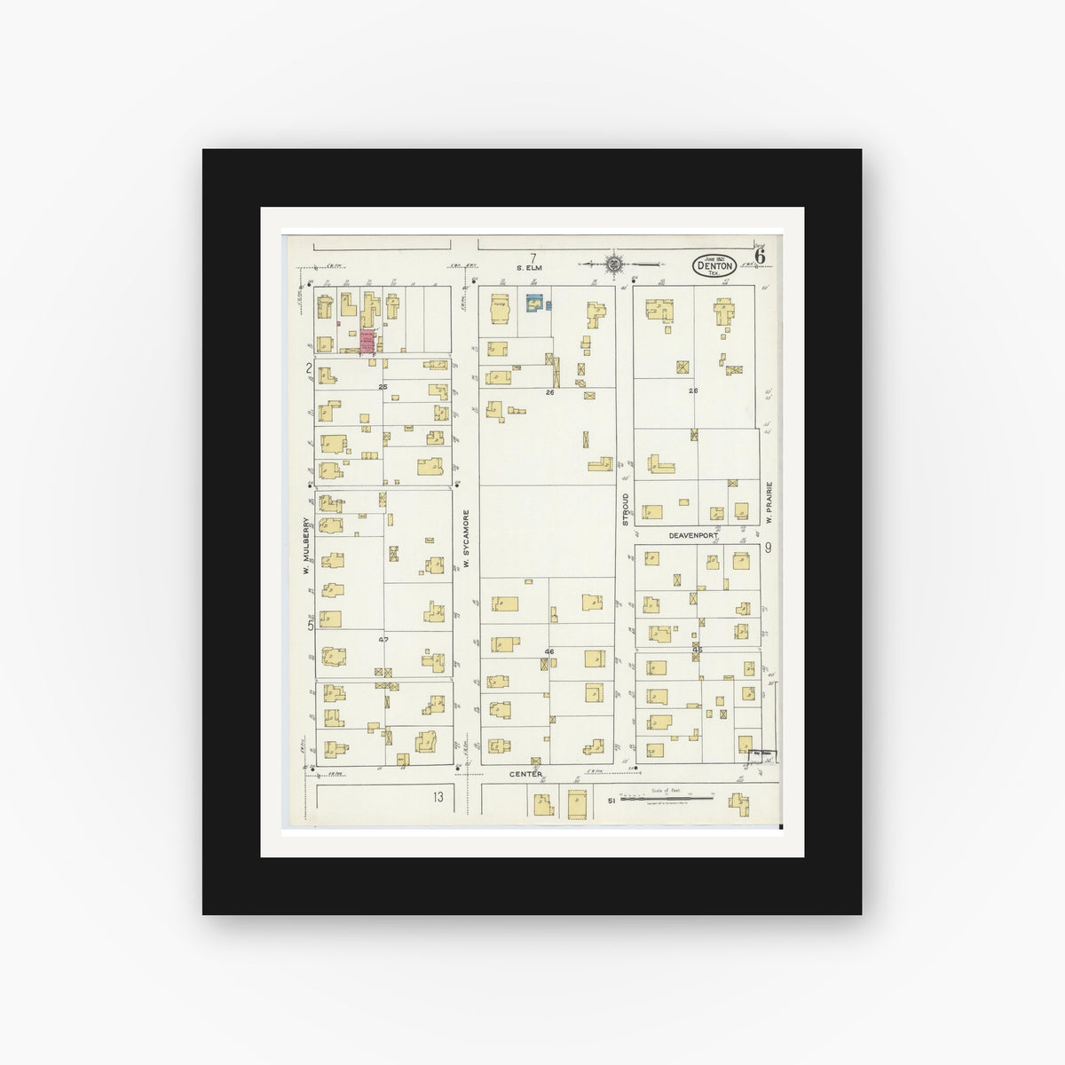 Old map wall art mockup — black gallery frame with white mat — Sanborn Fire Insurance Map from Denton, Denton County, Texas (1921), Sheet #0006