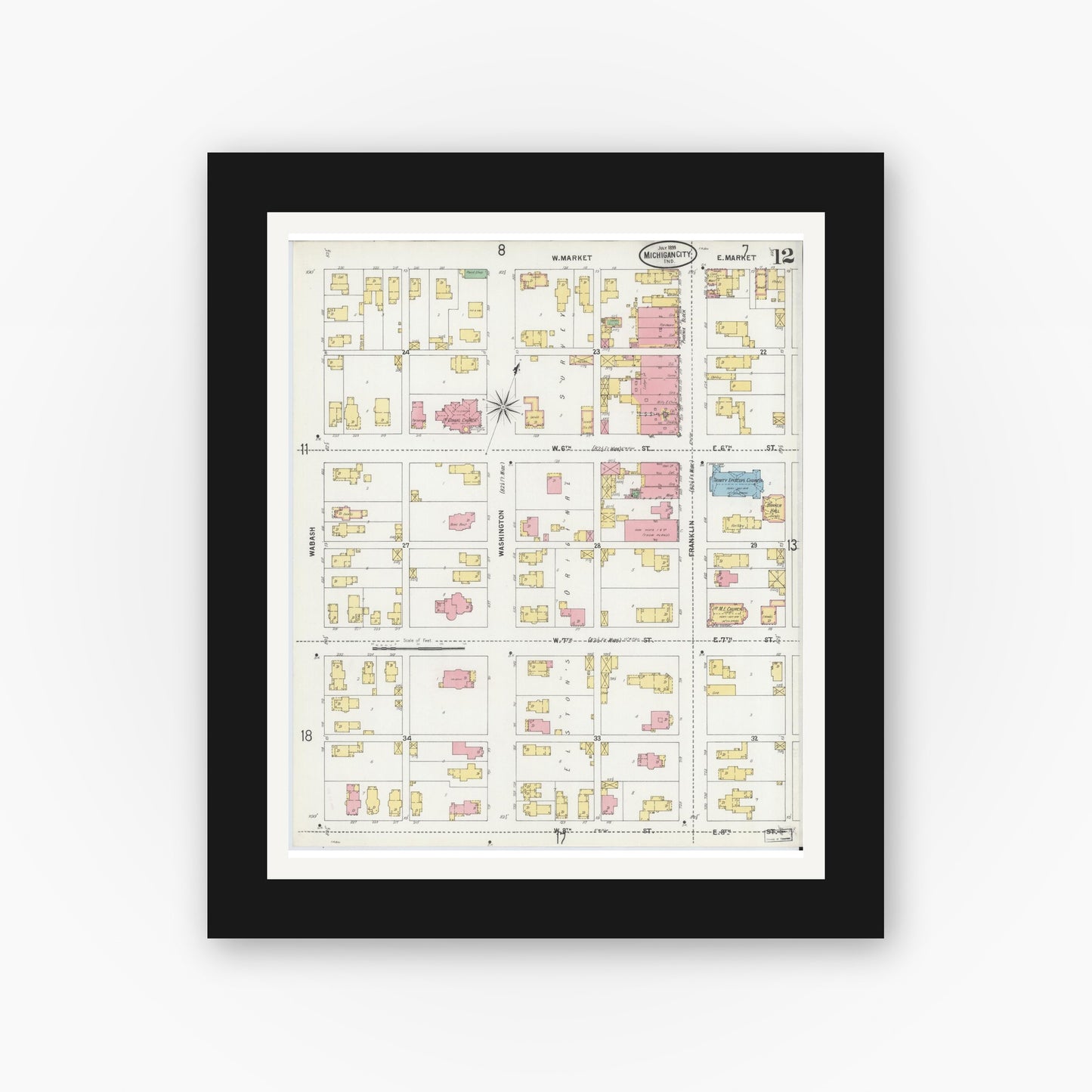 Old map wall art mockup — black gallery frame with white mat — Sanborn Fire Insurance Map from Michigan City, La Porte County, Indiana (1899), Sheet #0012