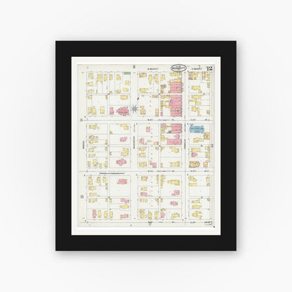 Old map wall art mockup — black gallery frame with white mat — Sanborn Fire Insurance Map from Michigan City, La Porte County, Indiana (1899), Sheet #0012