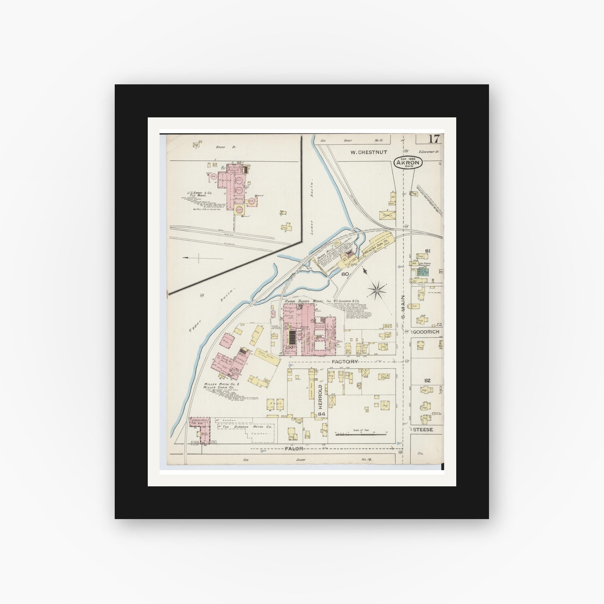 Old map wall art mockup — black gallery frame with white mat — Sanborn Fire Insurance Map from Akron, Summit County, Ohio (1886), Sheet #0017