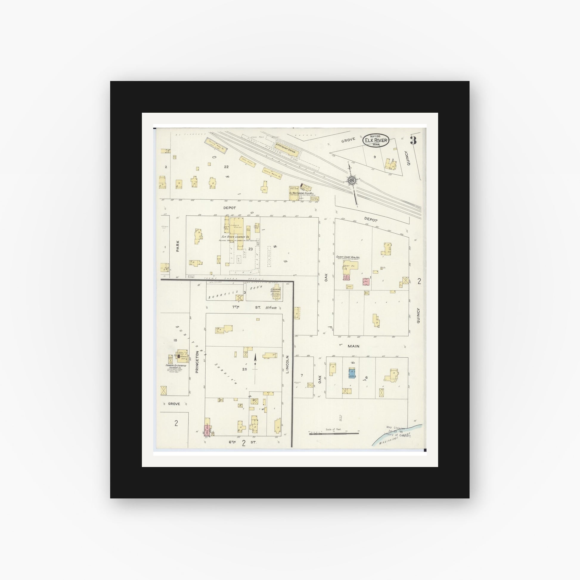 Old map wall art mockup — black gallery frame with white mat — Sanborn Fire Insurance Map from Elk River, Sherburne County, Minnesota (1915), Sheet #0003