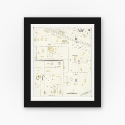Old map wall art mockup — black gallery frame with white mat — Sanborn Fire Insurance Map from Elk River, Sherburne County, Minnesota (1915), Sheet #0003