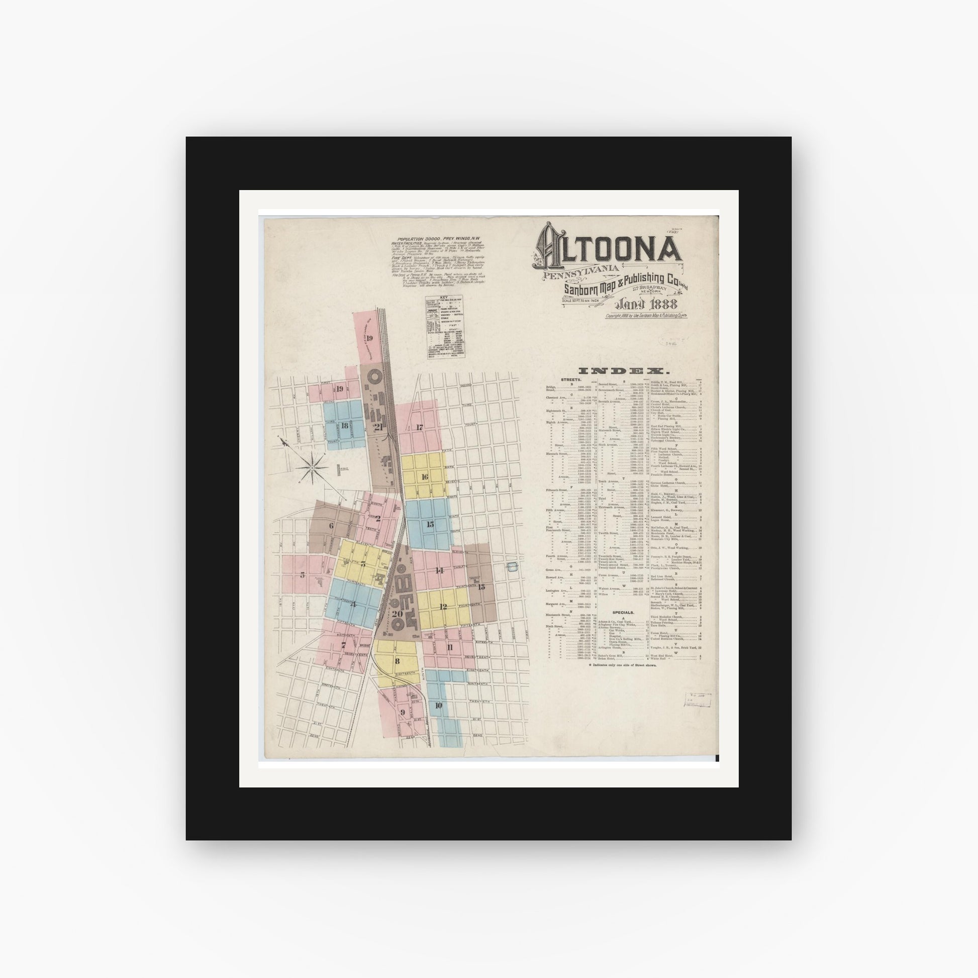 Old map wall art mockup — black gallery frame with white mat — Sanborn Fire Insurance Map from Altoona, Blair County, Pennsylvania (1888), Sheet #0001