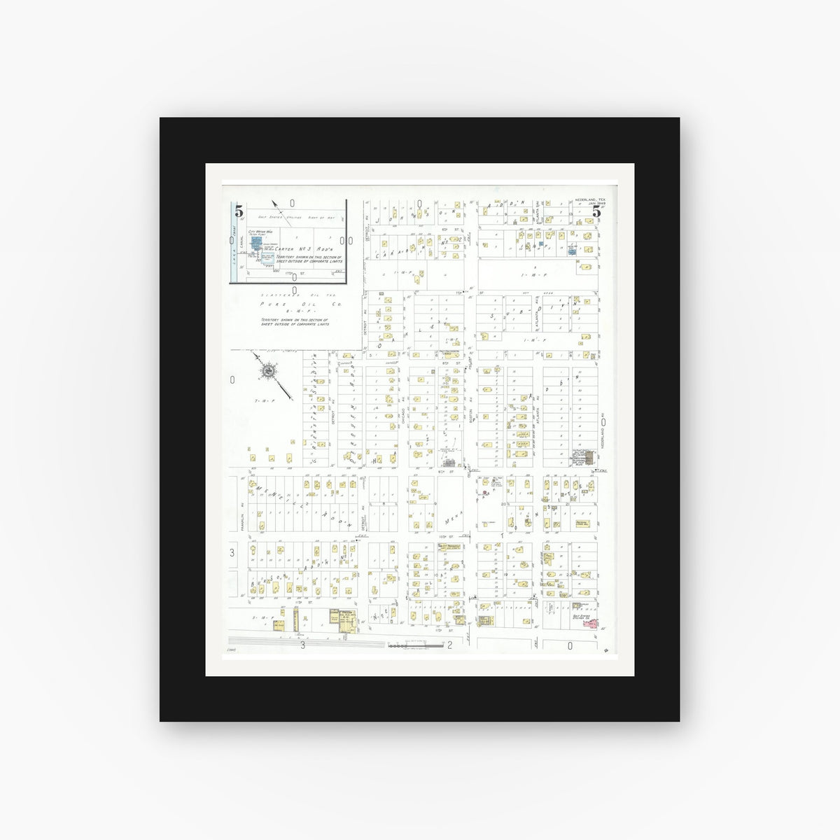 Old map wall art mockup — black gallery frame with white mat — Sanborn Fire Insurance Map from Nederland, Jefferson County, Texas (1949), Sheet #0005