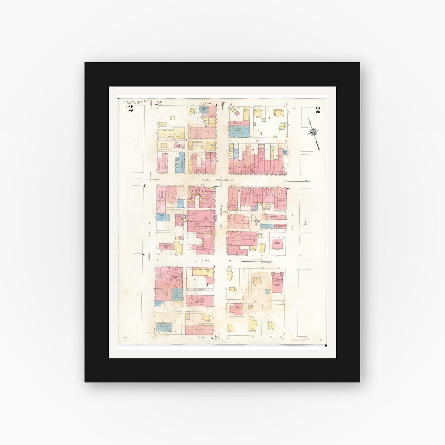 Old map wall art mockup — black gallery frame with white mat — Sanborn Fire Insurance Map from Sheldon, O'Brien County, Iowa (1948), Sheet #0002