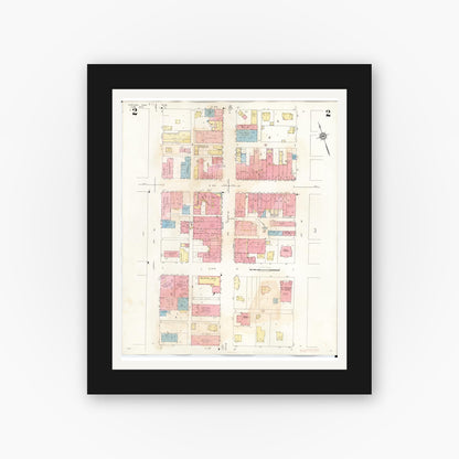 Old map wall art mockup — black gallery frame with white mat — Sanborn Fire Insurance Map from Sheldon, O'Brien County, Iowa (1948), Sheet #0002