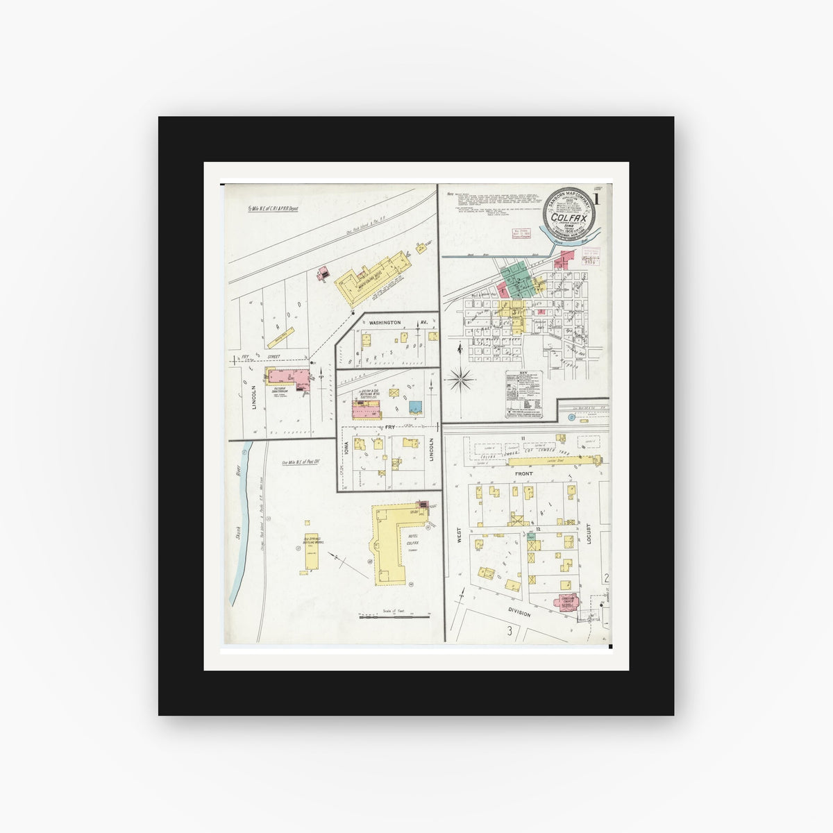 Old map wall art mockup — black gallery frame with white mat — Sanborn Fire Insurance Map from Colfax, Jasper County, Iowa (1906), Sheet #0001