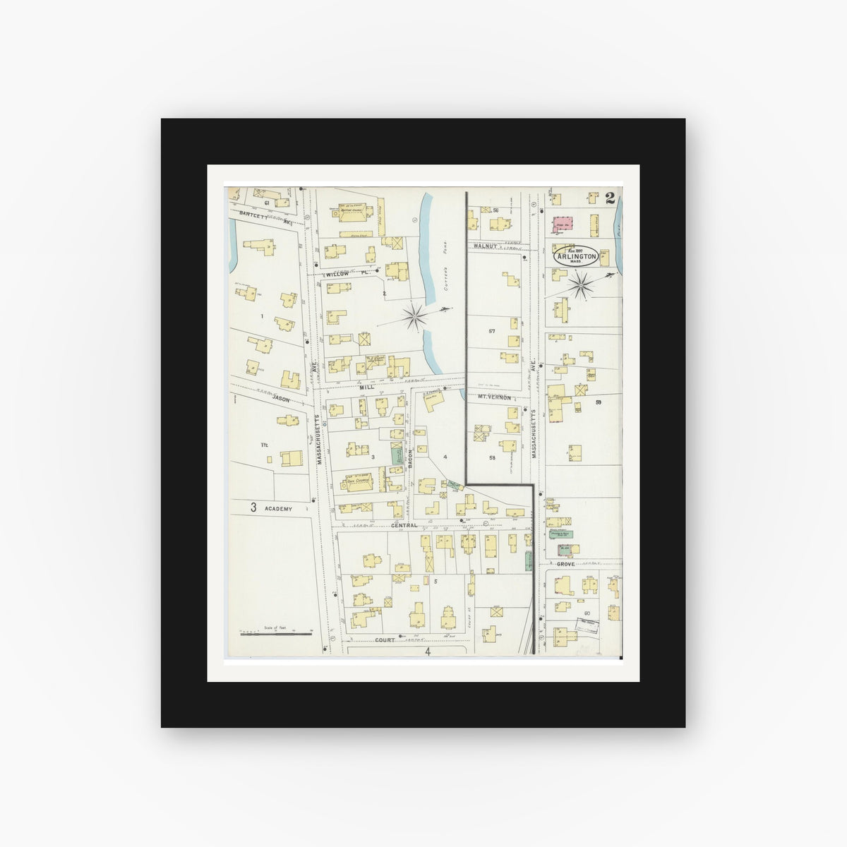 Old map wall art mockup — black gallery frame with white mat — Sanborn Fire Insurance Map from Arlington, Middlesex County, Massachusetts (1897), Sheet #0002