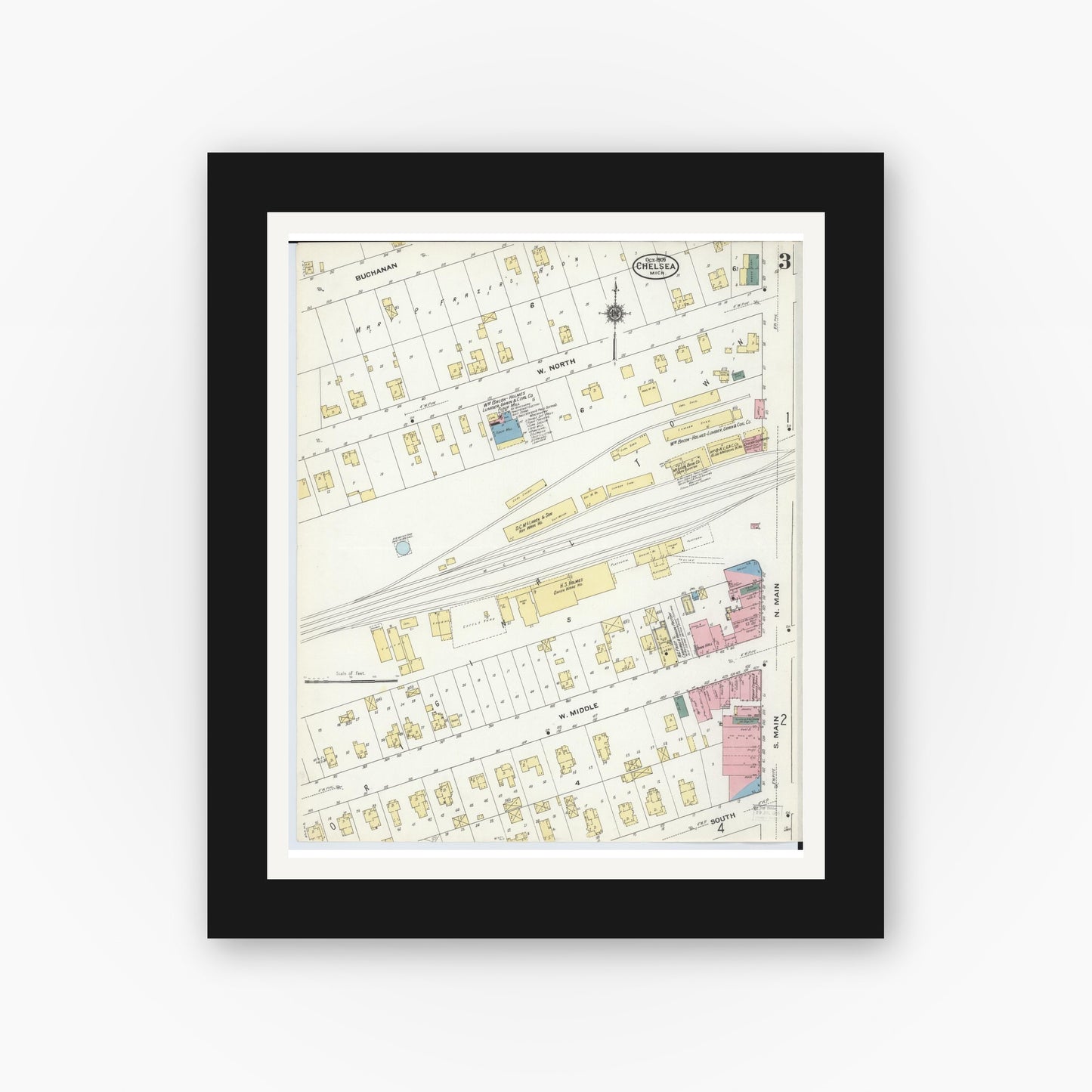 Old map wall art mockup — black gallery frame with white mat — Sanborn Fire Insurance Map from Chelsea, Washtenaw County, Michigan (1909), Sheet #0003