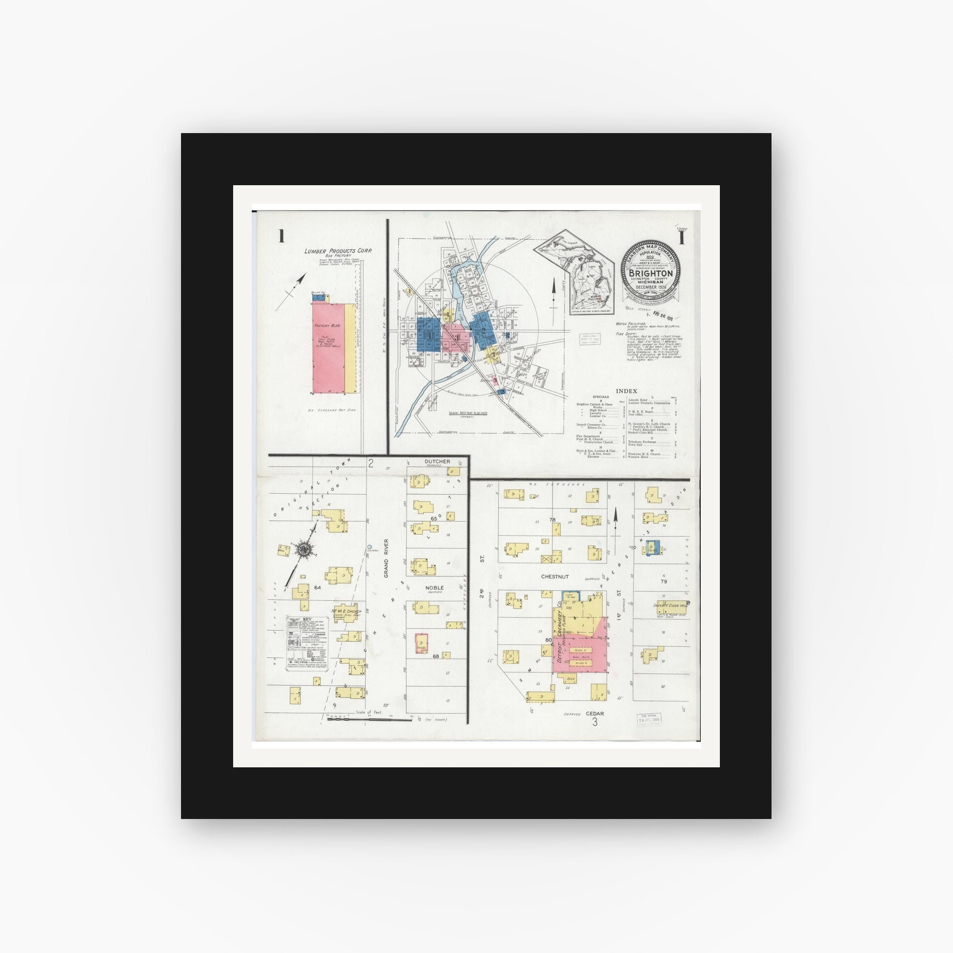 Old map wall art mockup — black gallery frame with white mat — Sanborn Fire Insurance Map from Brighton, Livingston County, Michigan (1928) - Complete Map Set