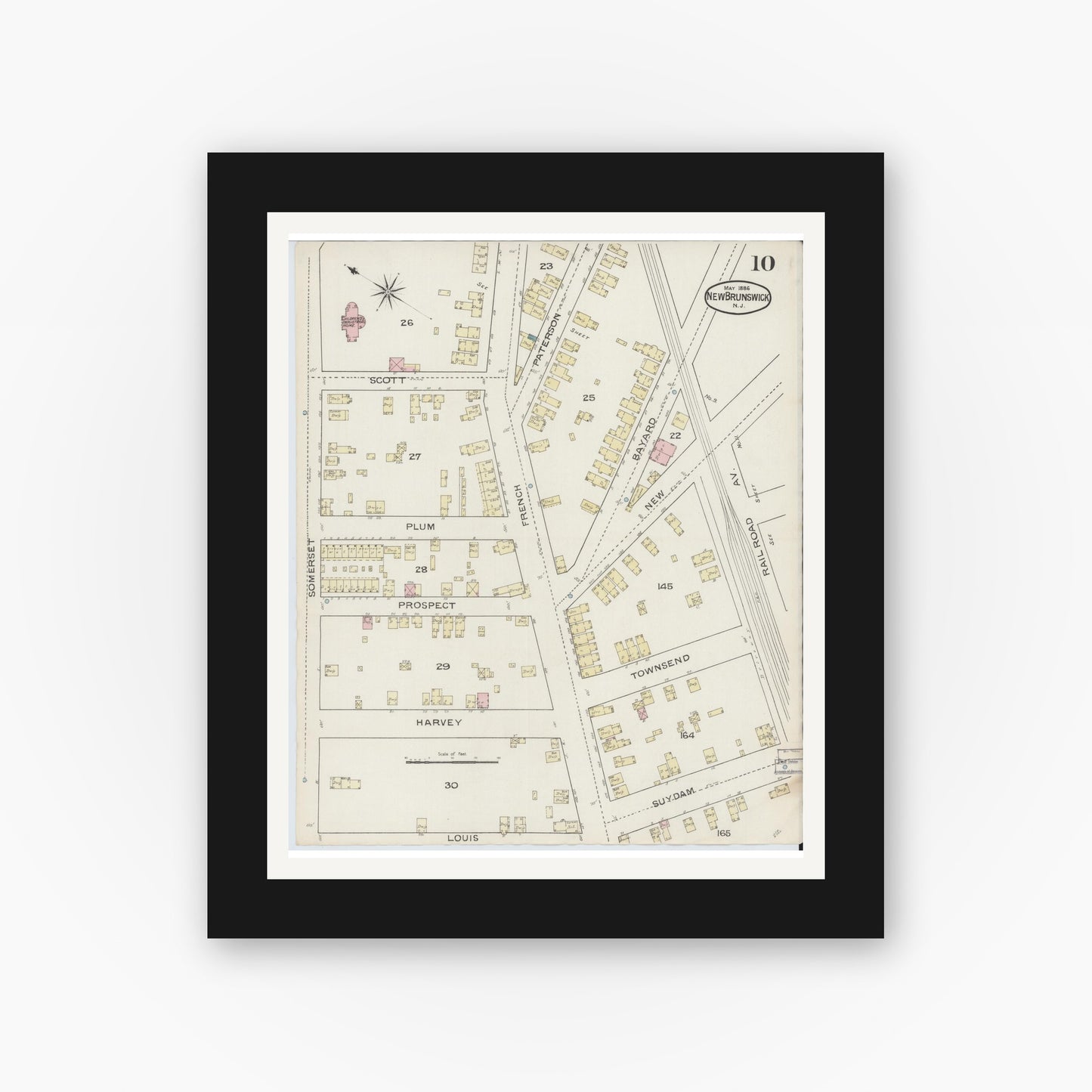 Old map wall art mockup — black gallery frame with white mat — Sanborn Fire Insurance Map from New Brunswick, Middlesex County, New Jersey (1886), Sheet #0010