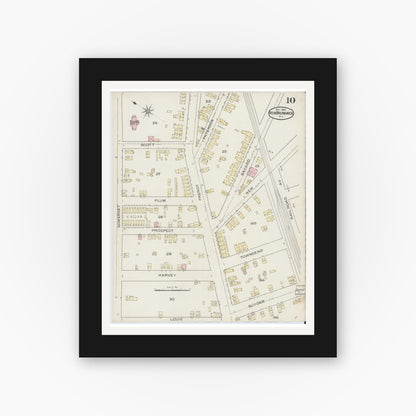 Old map wall art mockup — black gallery frame with white mat — Sanborn Fire Insurance Map from New Brunswick, Middlesex County, New Jersey (1886), Sheet #0010
