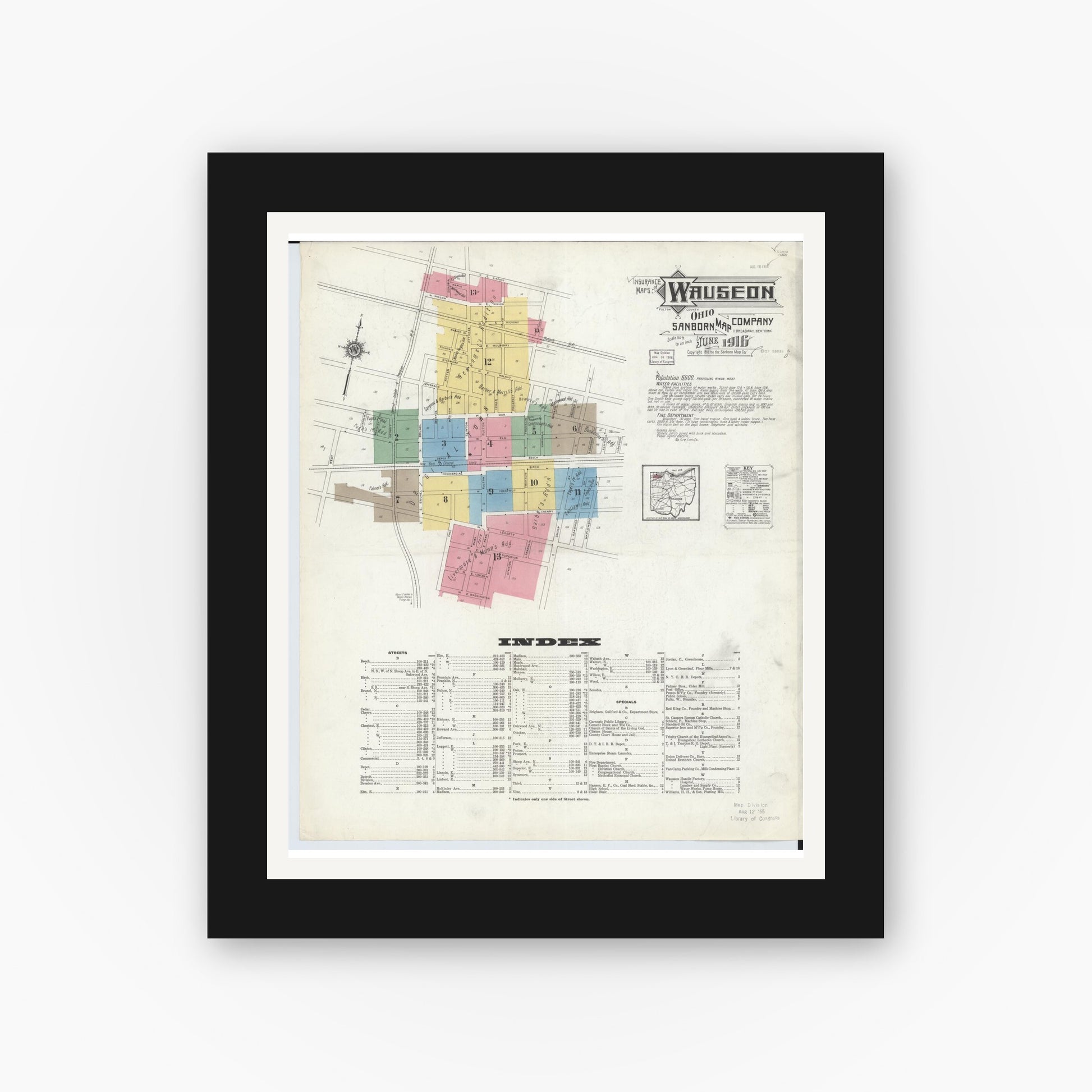 Old map wall art mockup — black gallery frame with white mat — Sanborn Fire Insurance Map from Wauseon, Fulton County, Ohio (1916), Sheet #0001