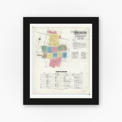 Old map wall art mockup — black gallery frame with white mat — Sanborn Fire Insurance Map from Wauseon, Fulton County, Ohio (1916), Sheet #0001