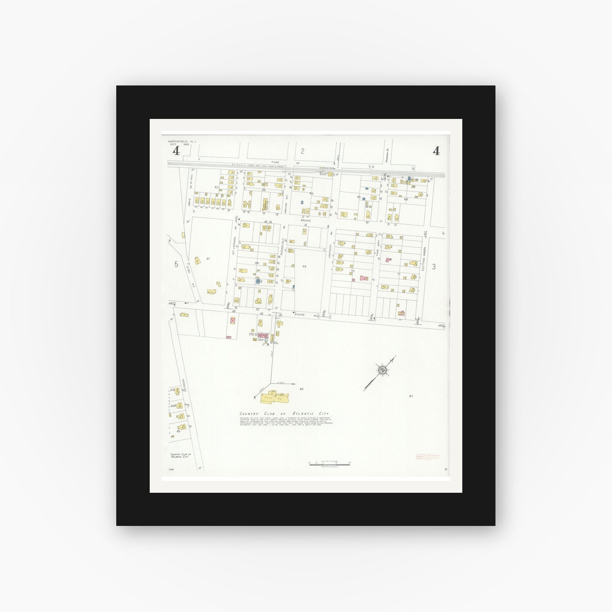Old map wall art mockup — black gallery frame with white mat — Sanborn Fire Insurance Map from Northfield, Atlantic County, New Jersey (1933), Sheet #0004